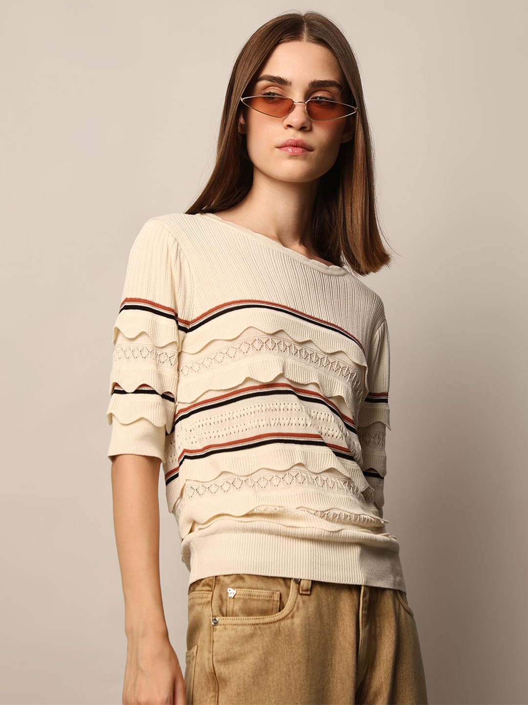 

ONLY Women Round Neck Horizontal Stripes Striped Blouson Top, Cream