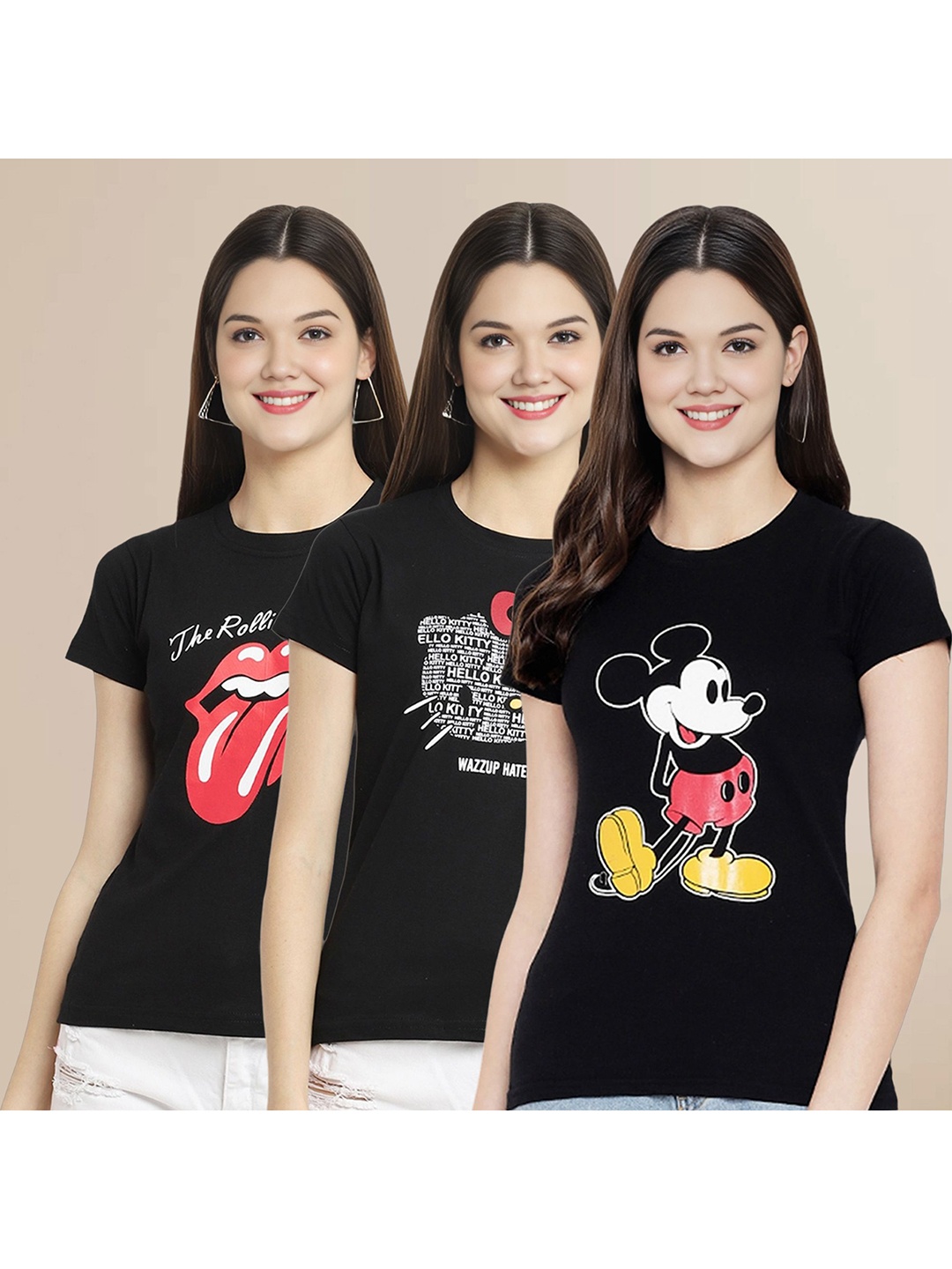 

Metronaut Women Pack Of 3 Graphic Printed Round Neck Cotton Mickey Mouse T-shirts, Black