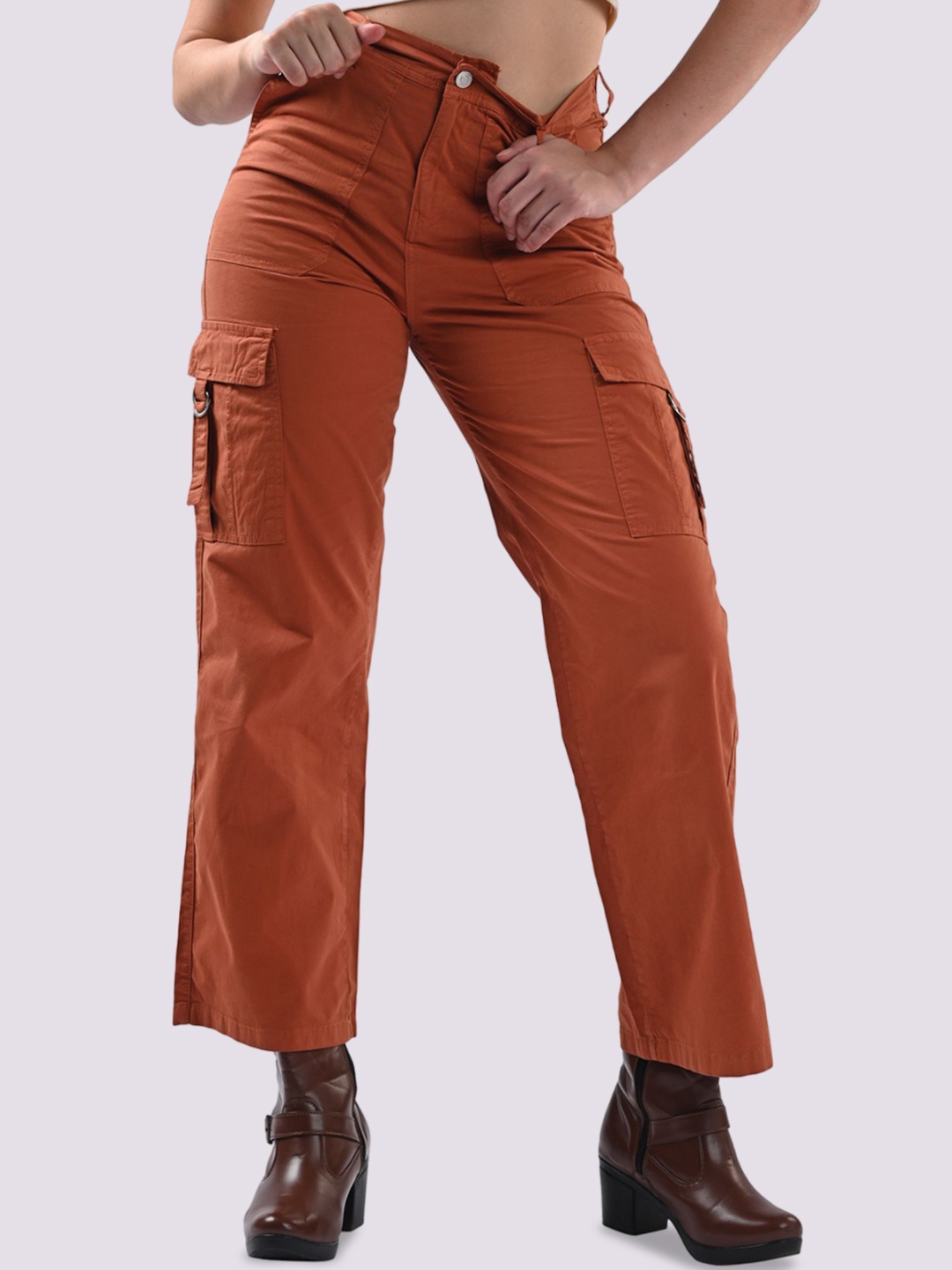 

Kraus Jeans Women Cotton Loose Fit High-Rise Cargos Trousers, Orange