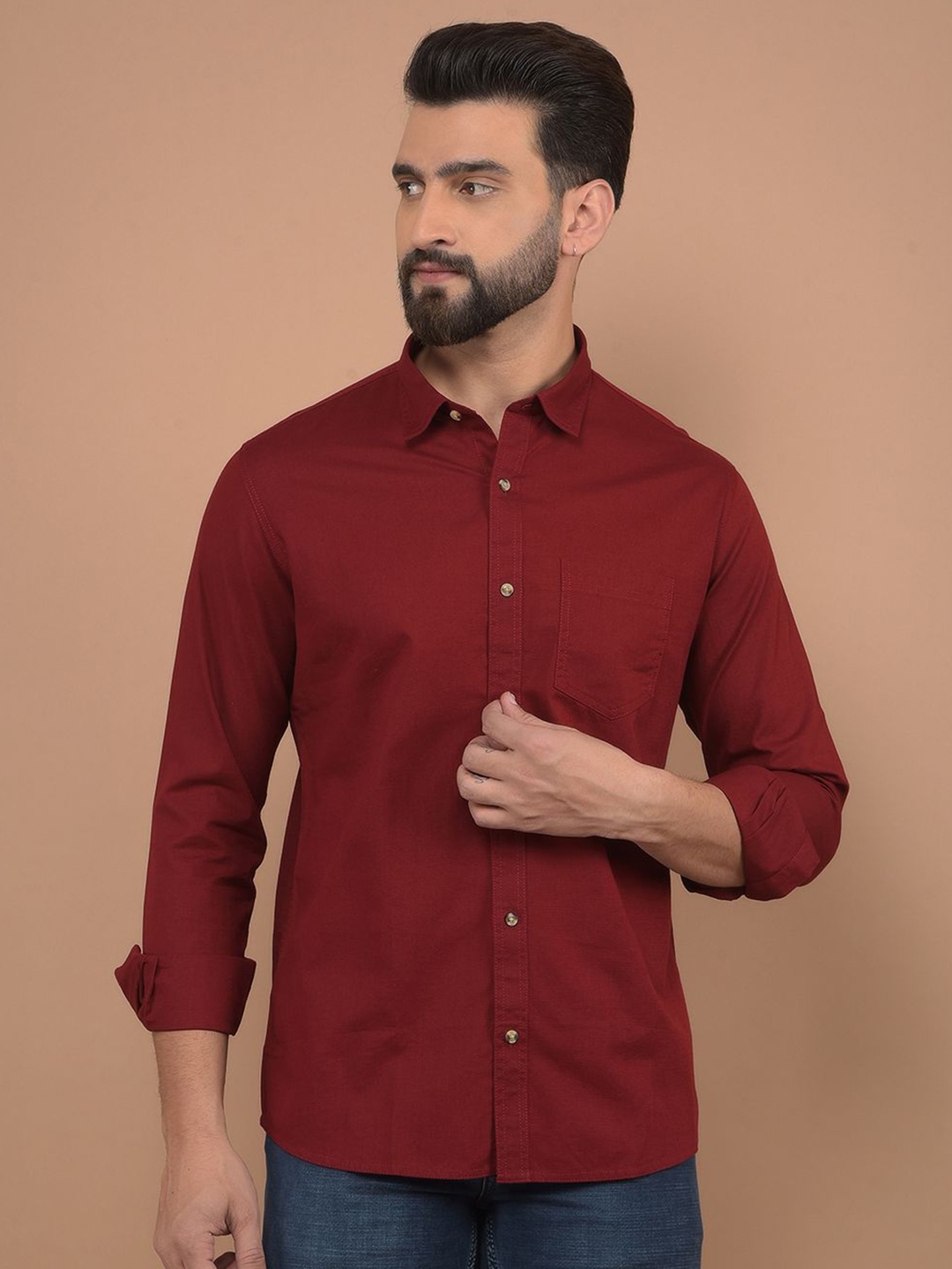 

Canary London Men Smart Spread Collar Solid Cotton Slim Fit Casual Shirt, Maroon