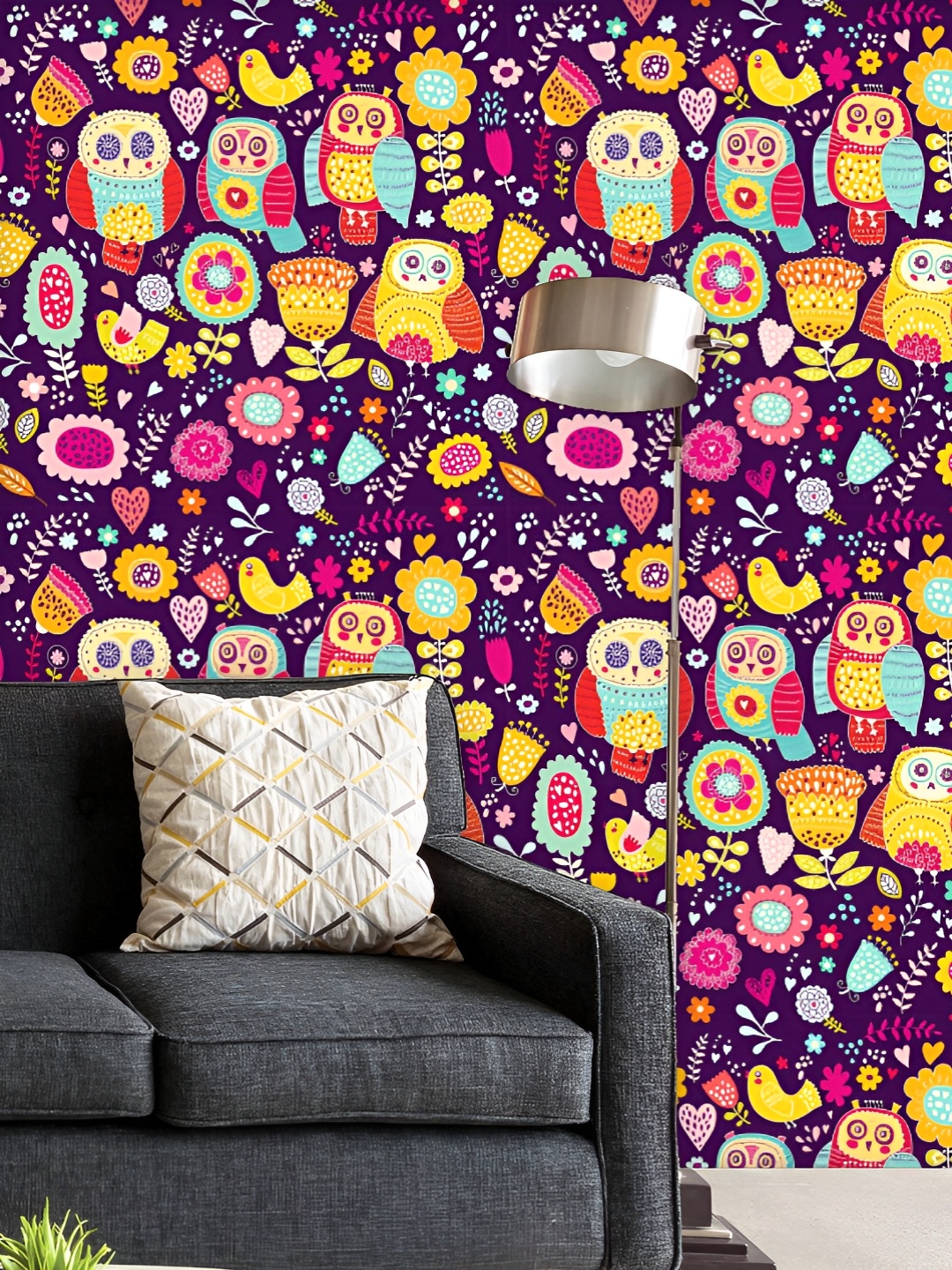 

ArtzFolio Printed UV-Resistant Anti-Bacterial Cheerful Owls And Flowers Peel & Stick Wallpaper, Multi