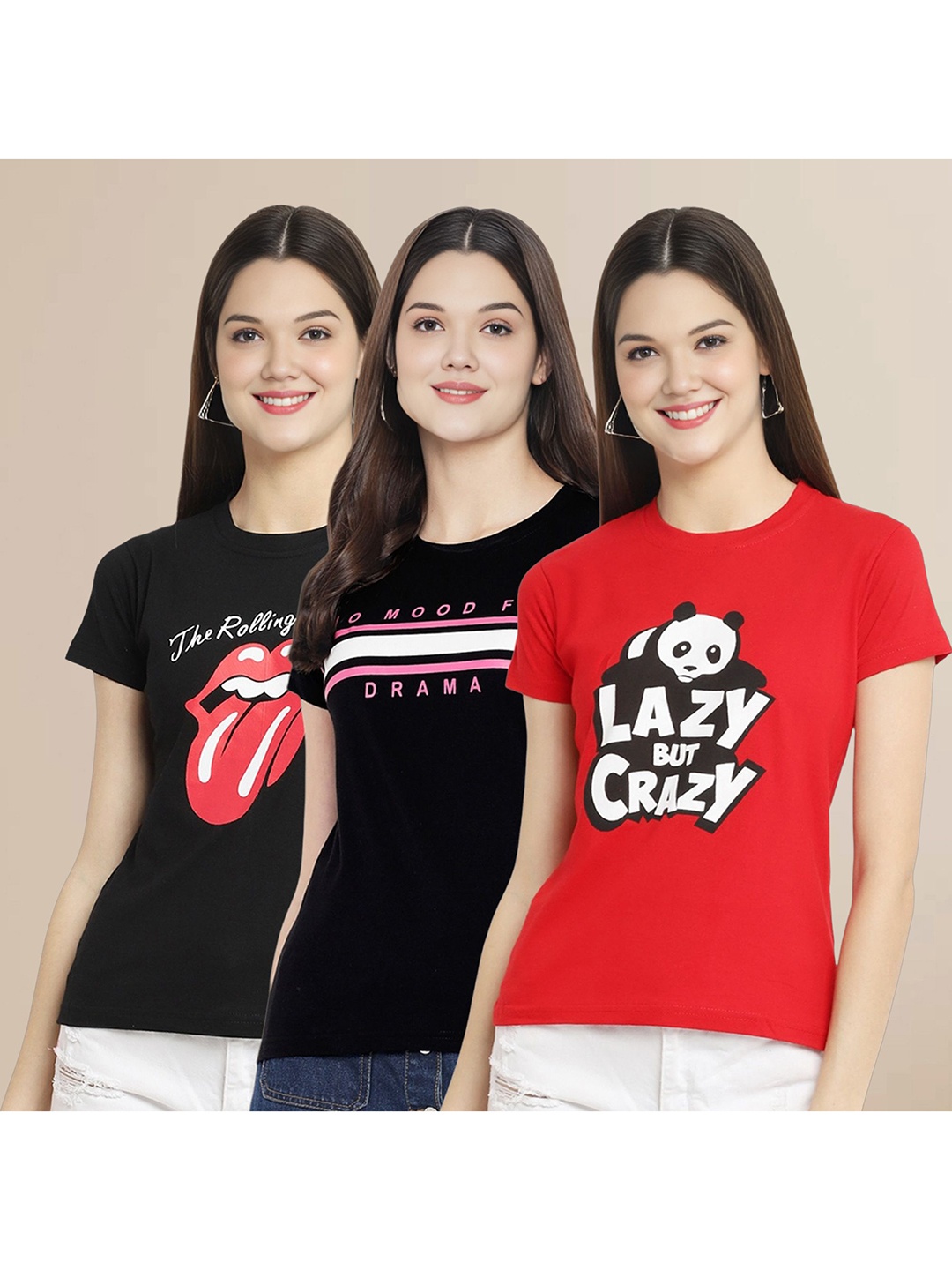 

Metronaut Women Pack Of 3 Typography Printed Round Neck Cotton T-shirts, Olive