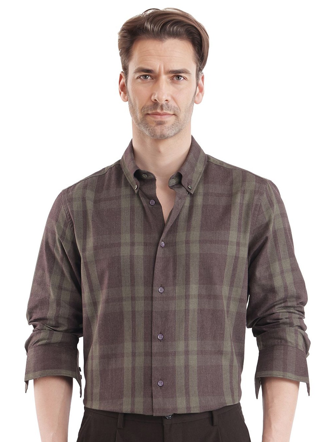 

RARE RABBIT Men Comfort Opaque Checked Casual Shirt, Olive