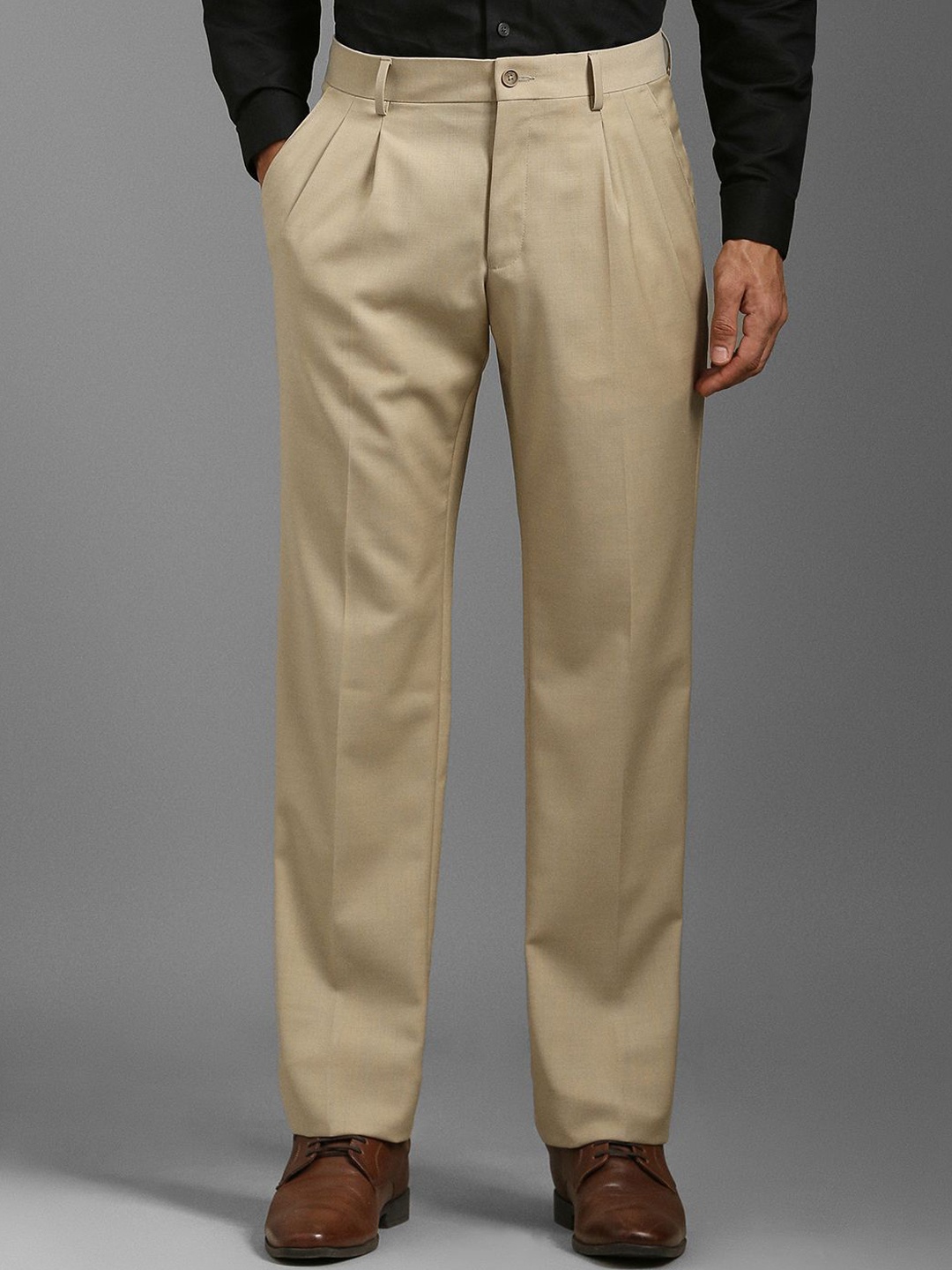 

Louis Philippe Men Pleated Mid Rise Formal Trousers, Beige