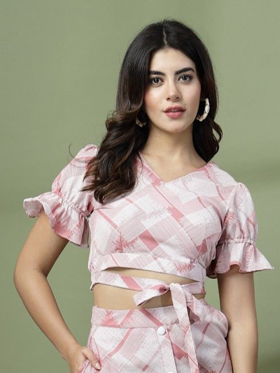 

Oomph! Women Abstract Printed Puff Sleeve Crepe short Top, Pink