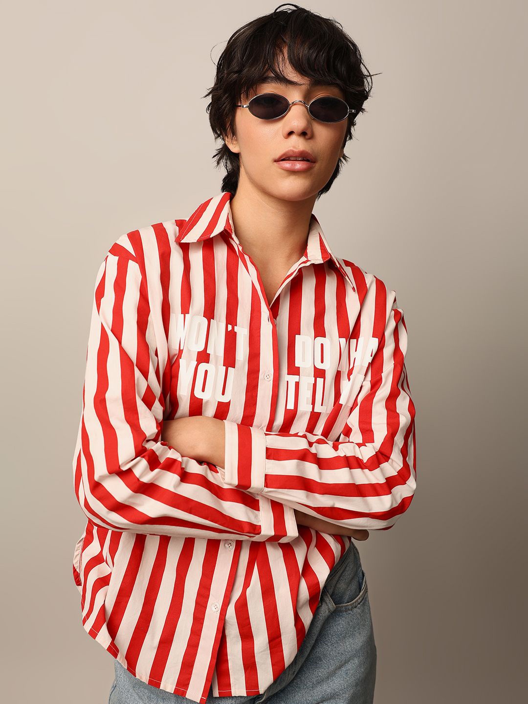 

ONLY Women Spread Collar Vertical Striped Cotton Casual Shirt, Red