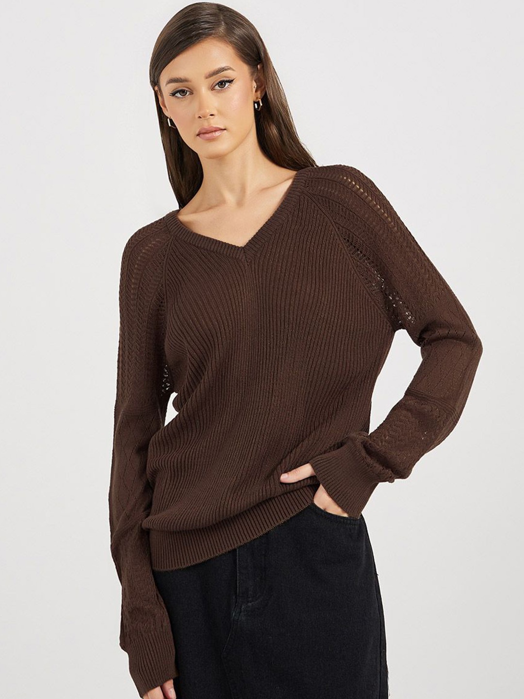 

Styli V-Neck Acrylic Pullover Sweater, Brown