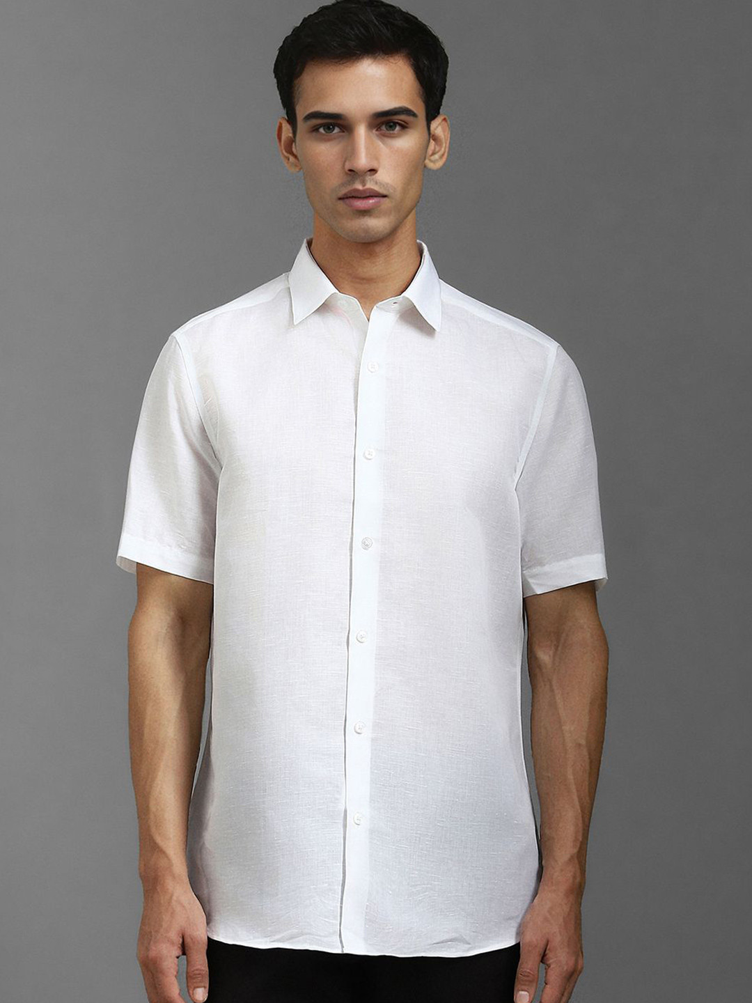 

Louis Philippe Men Classic Spread Collar Solid Linen Formal Shirt, White