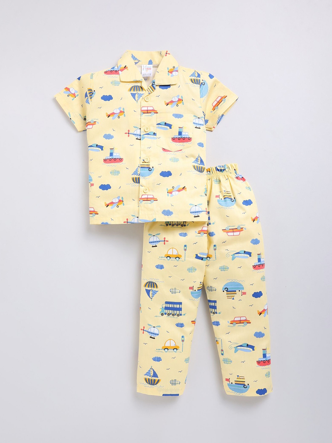 

NAUTI KIDZ Boys Printed Pure Cotton Shirt Collar Night suit, Yellow