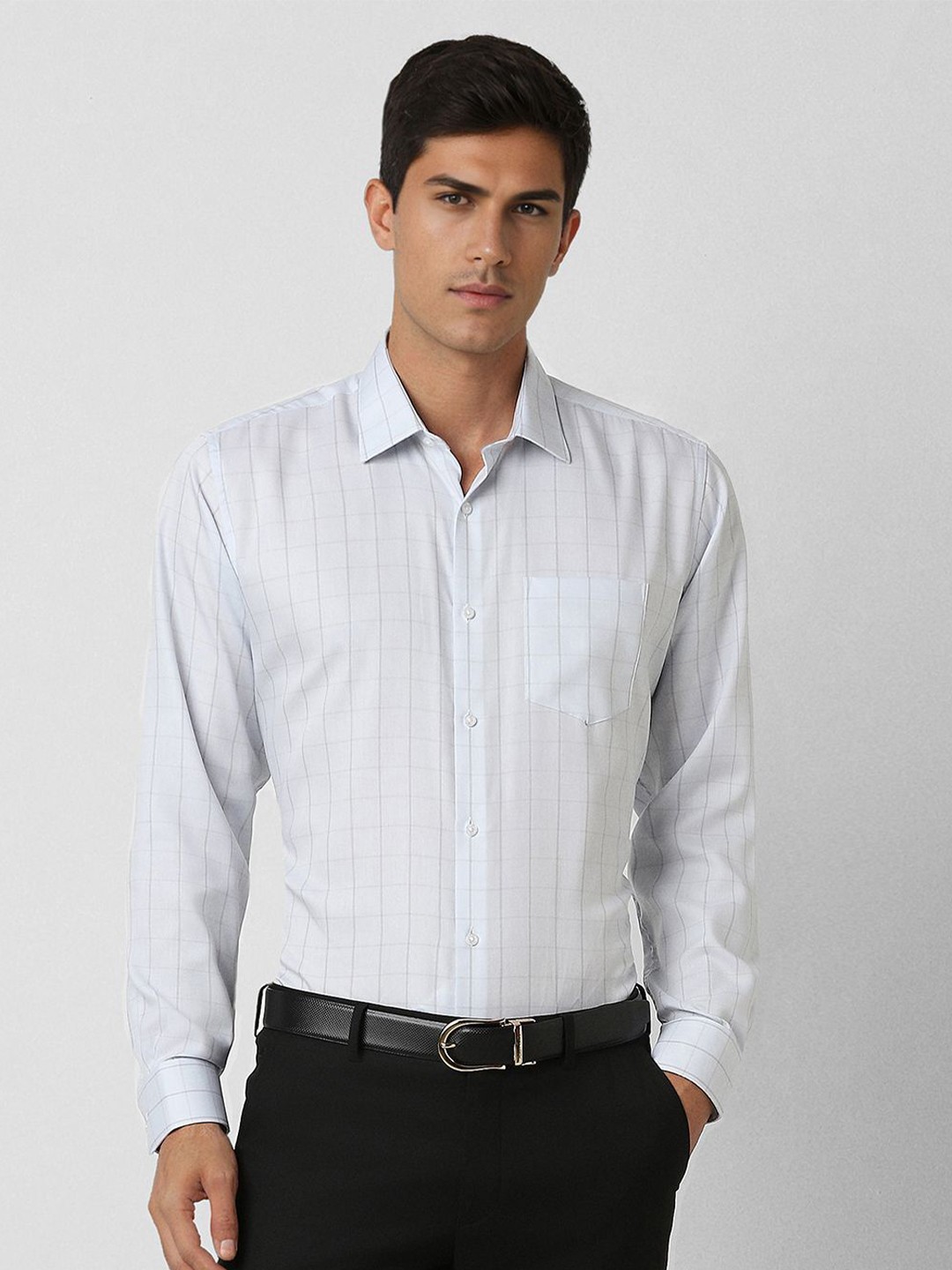 

Van Heusen Men Spread Collar Grid Tattersall Checked Cotton Slim Fit Formal Shirt, White