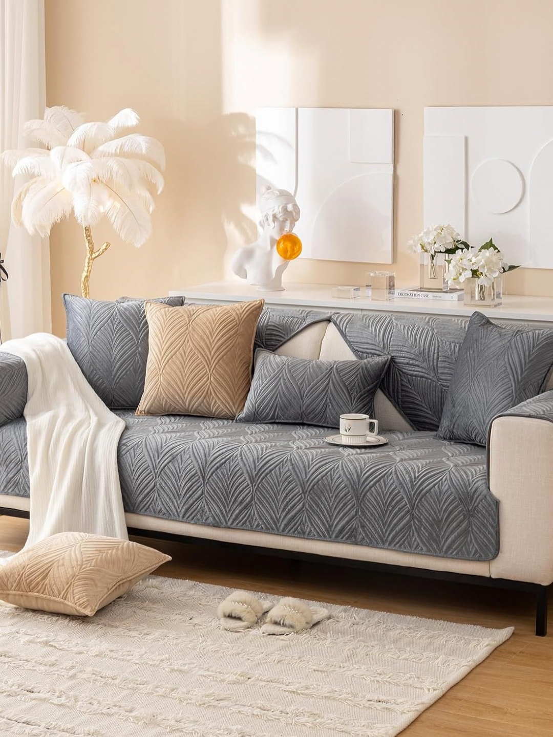 

HOUSE OF QUIRK Velvet Plush Palm Leaves Quilted Anti-Slip Stretch Seat Pad One Seater, Grey