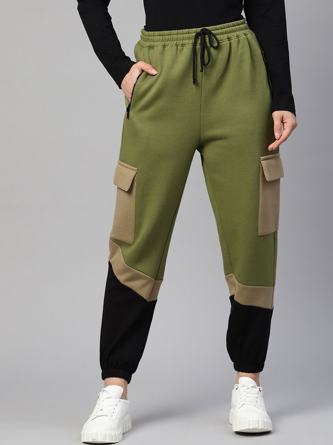 

Laabha Women Mid-Rise Colourblocked Dry Fit Joggers, Olive