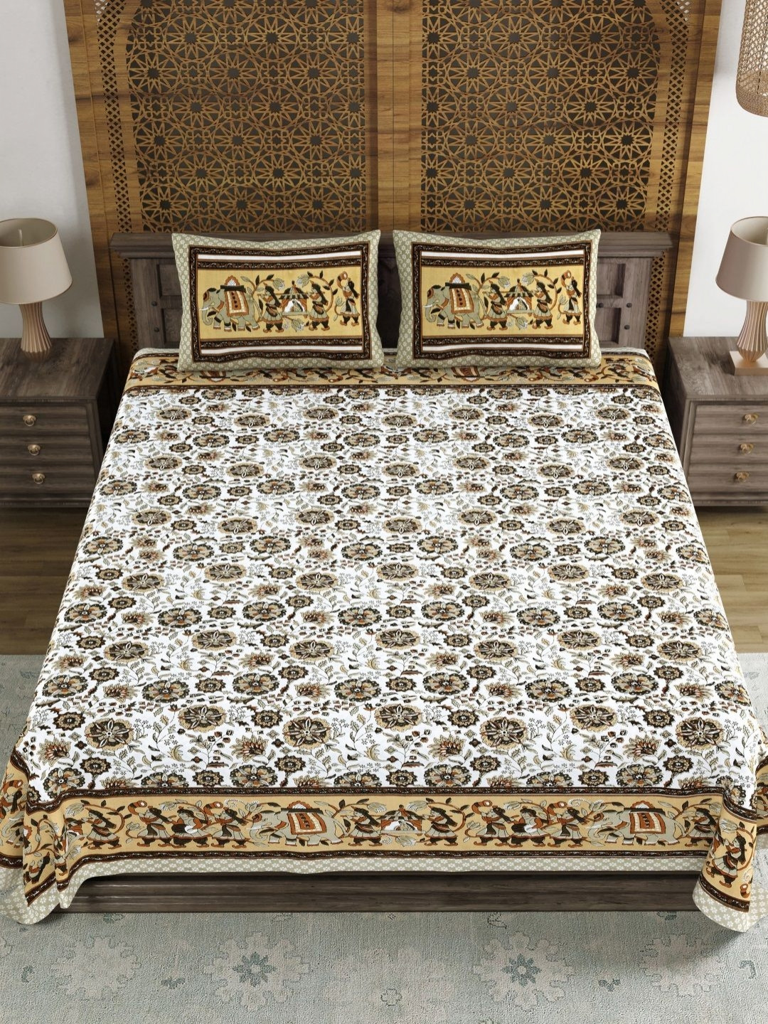

BLOCKS OF INDIA White & Green Ethnic Motifs 120 TC King Bedsheet Set 2.18 m x 2.64 m