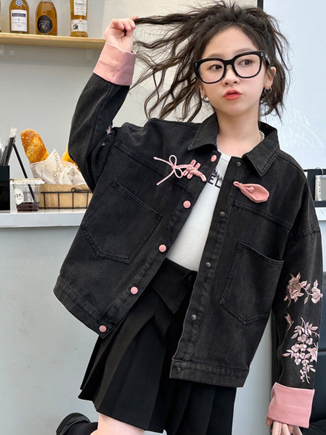 

LULU & SKY Girls without Crop Bomber with Embroidered Jacket, Black