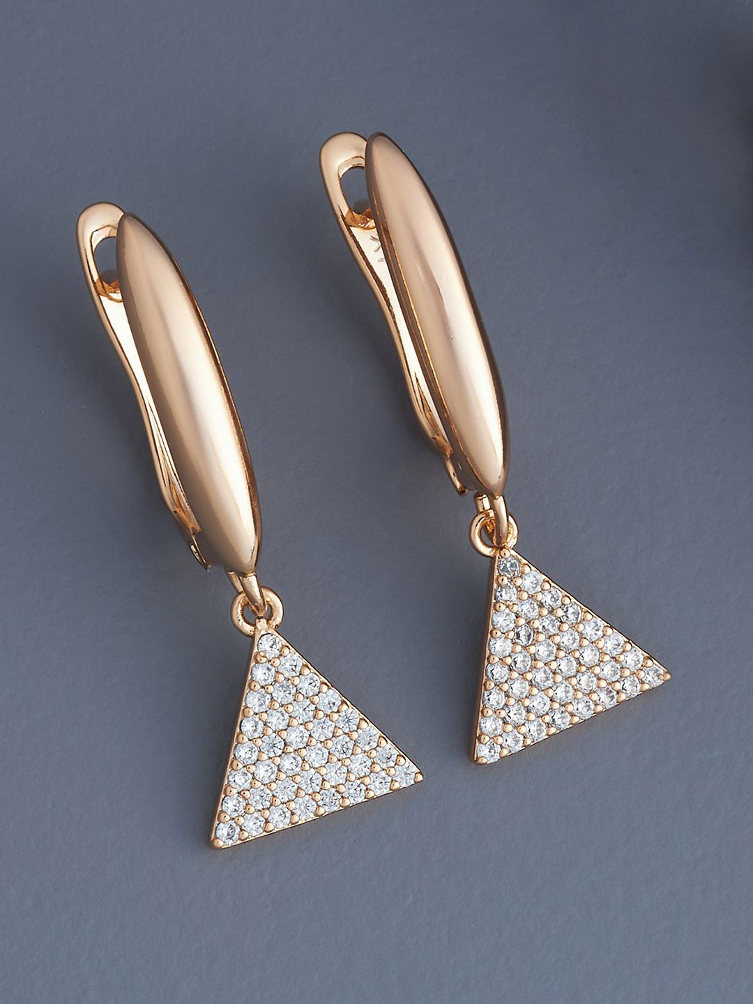 

Kushal's Fashion Jewellery Rose Gold-Plated Zircon Triangular Hoop Earrings