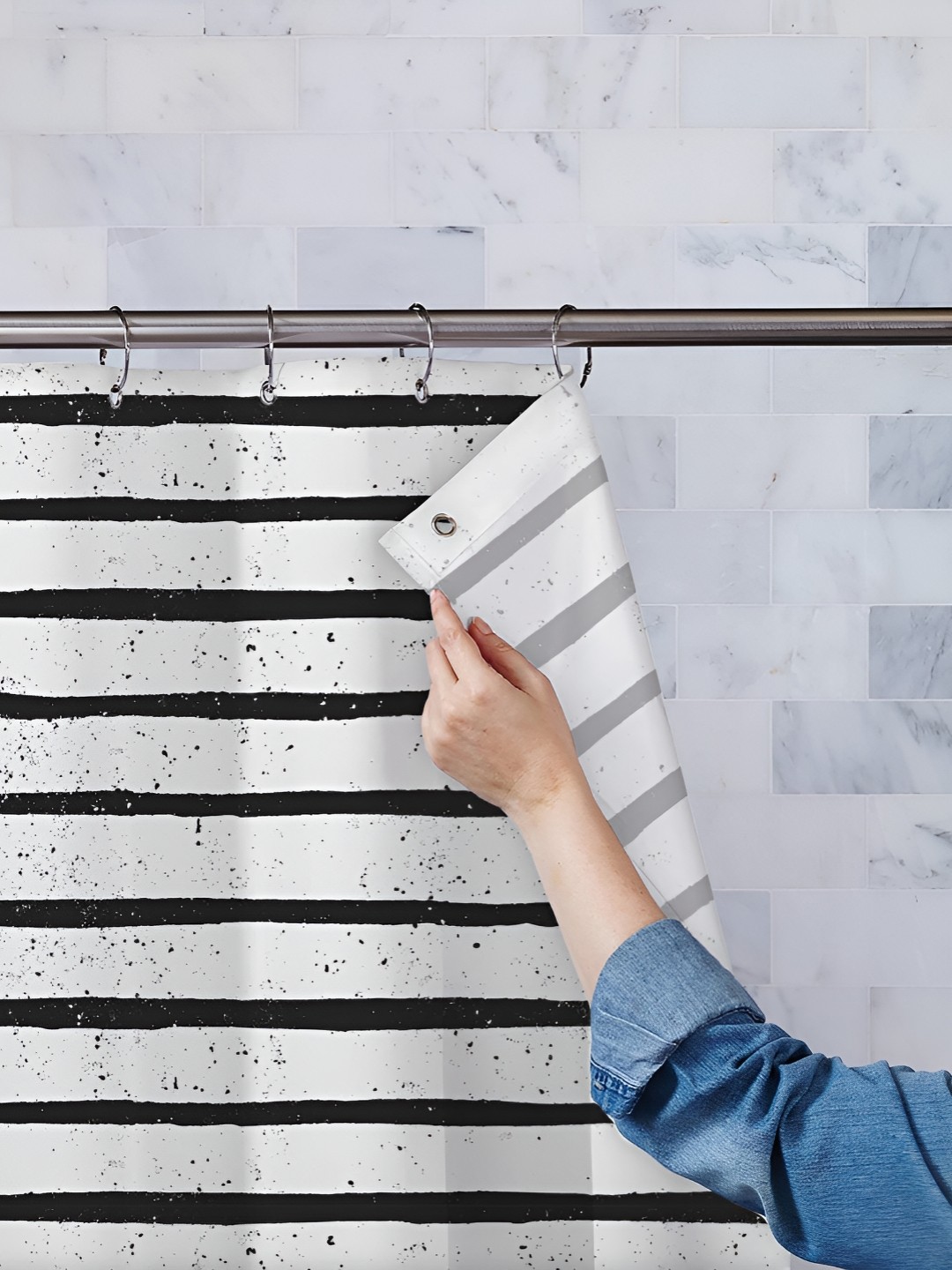 

ArtzFolio White & Black Striped Waterproof Shower Curtain