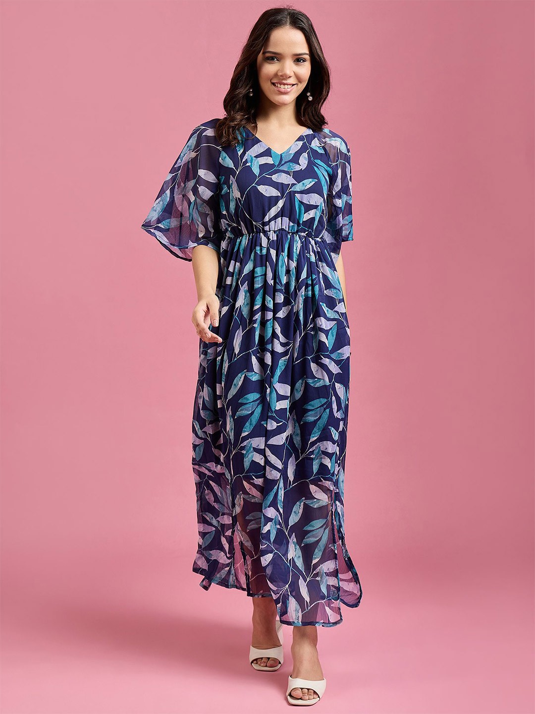 

DressBerry Tropical Print Kimono Sleeve Georgette Maxi Dress, Blue