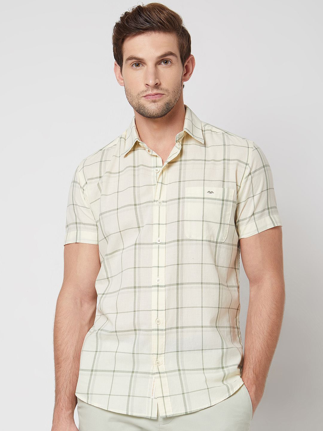

Mufti Men Spread Collar Windowpane Checked Cotton Slim Fit Casual Shirt, Beige