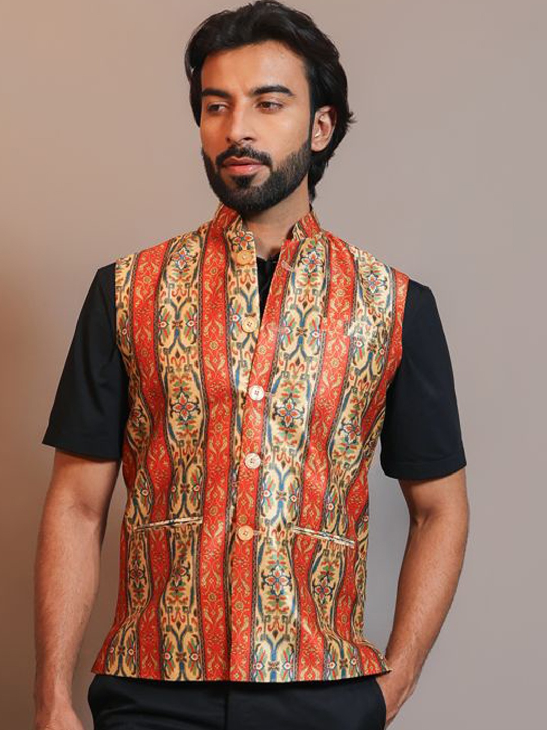 

Vastraa Fusion Men Printed Nehru Jackets, Orange