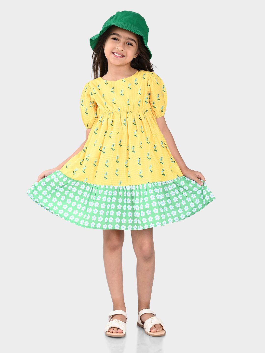 

BONKIDS Floral Print Puff Sleeve Flared Empire Dress, Yellow