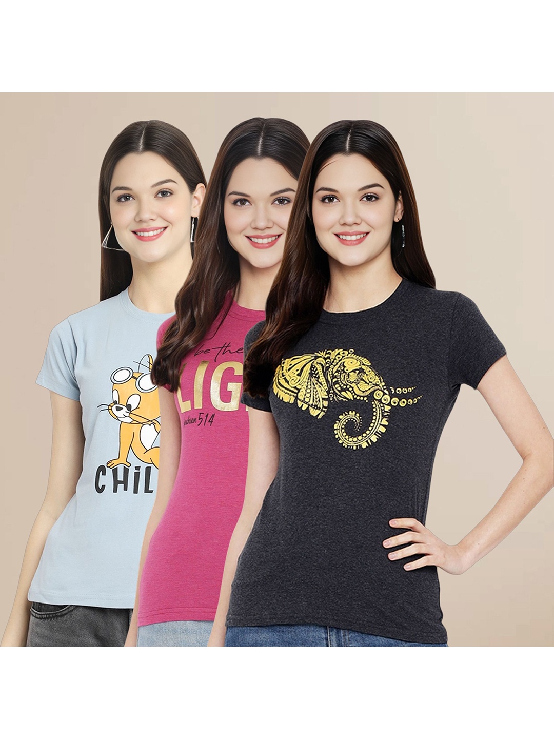 

Metronaut Women Pack Of 3 Graphic Printed Round Neck Cotton Tom & Jerry T-shirts, Blue