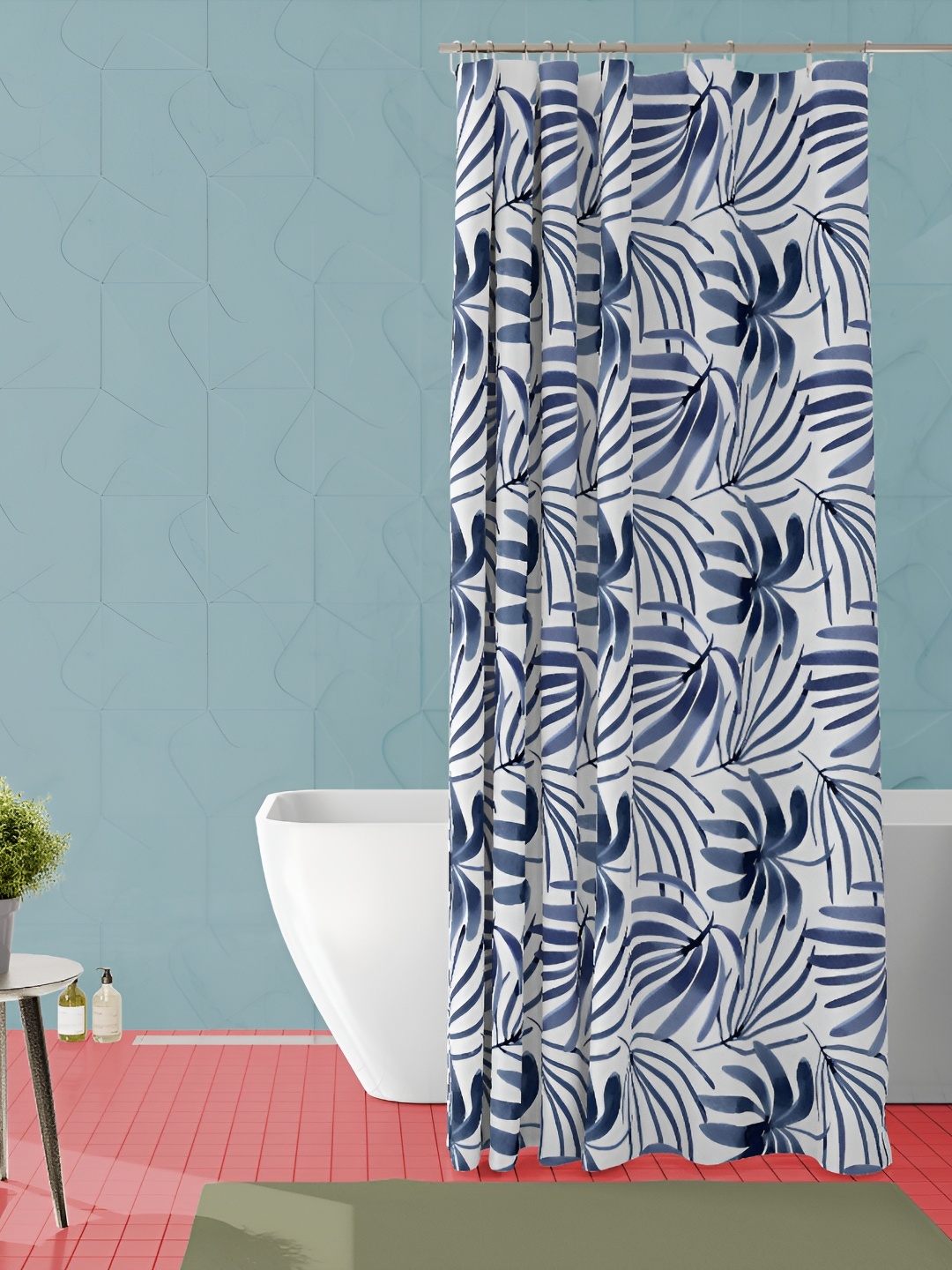 

ArtzFolio White & Blue Leaves Printed Waterproof Shower Curtain