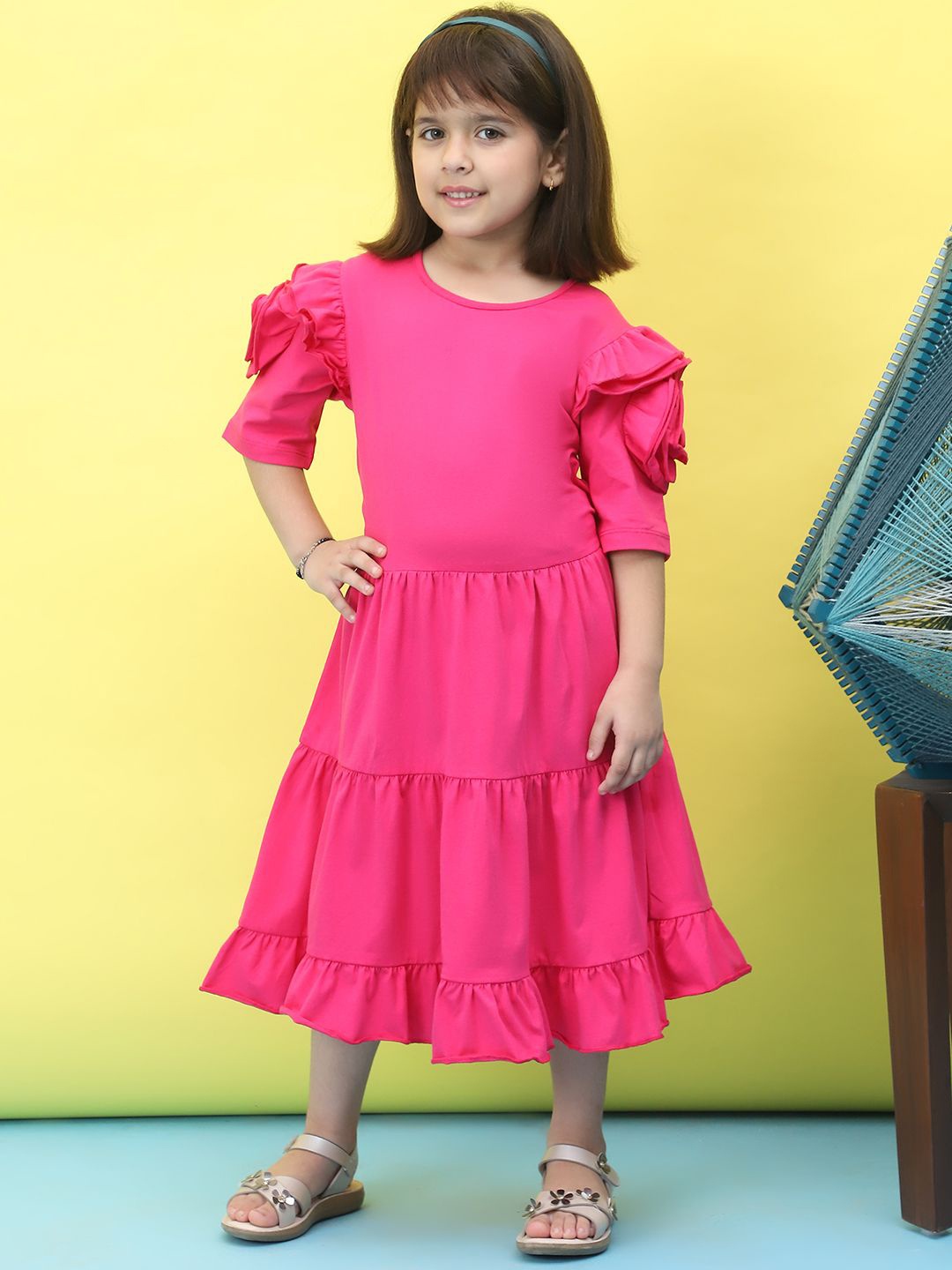 

Baawri Girls Cotton Tiered Fit and Flare Dress, Pink