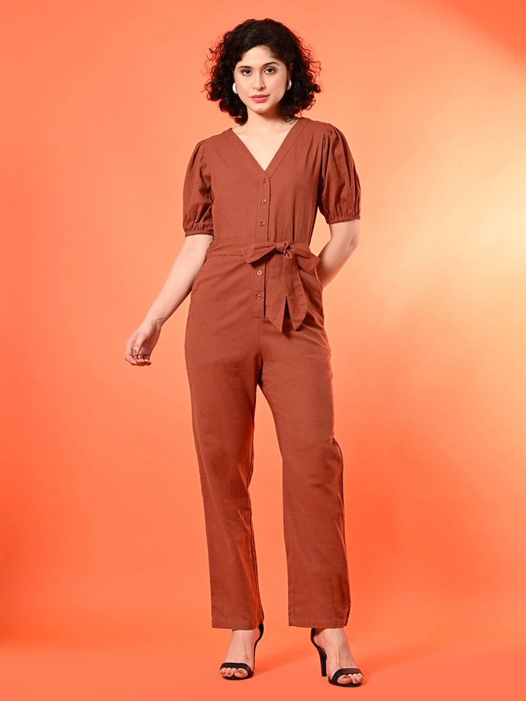 

Fuchsia Puff Sleeves Cotton Basic Jumpsuit, Rust