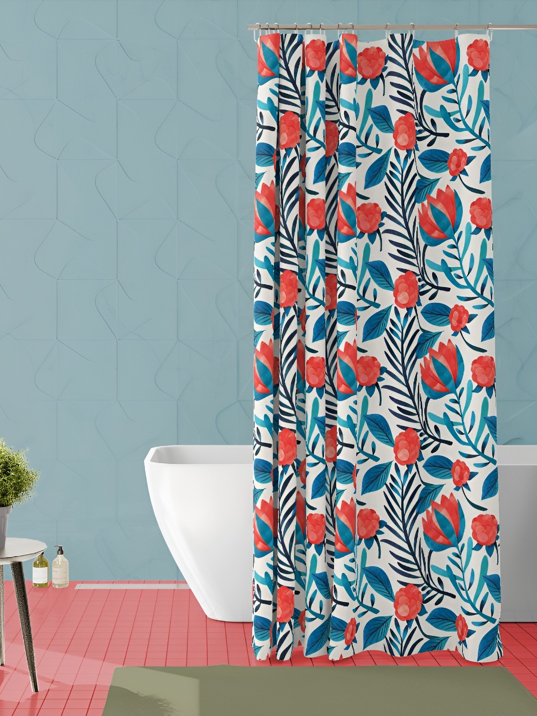 

ArtzFolio Red & Blue Floral Printed Waterproof Shower Curtain