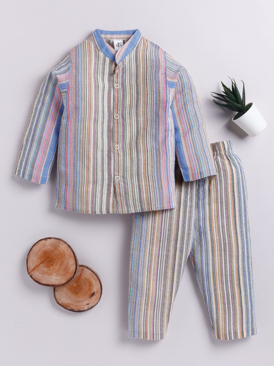 

Clt.s Unisex Kids Pure Cotton Striped Printed Night suit, Blue