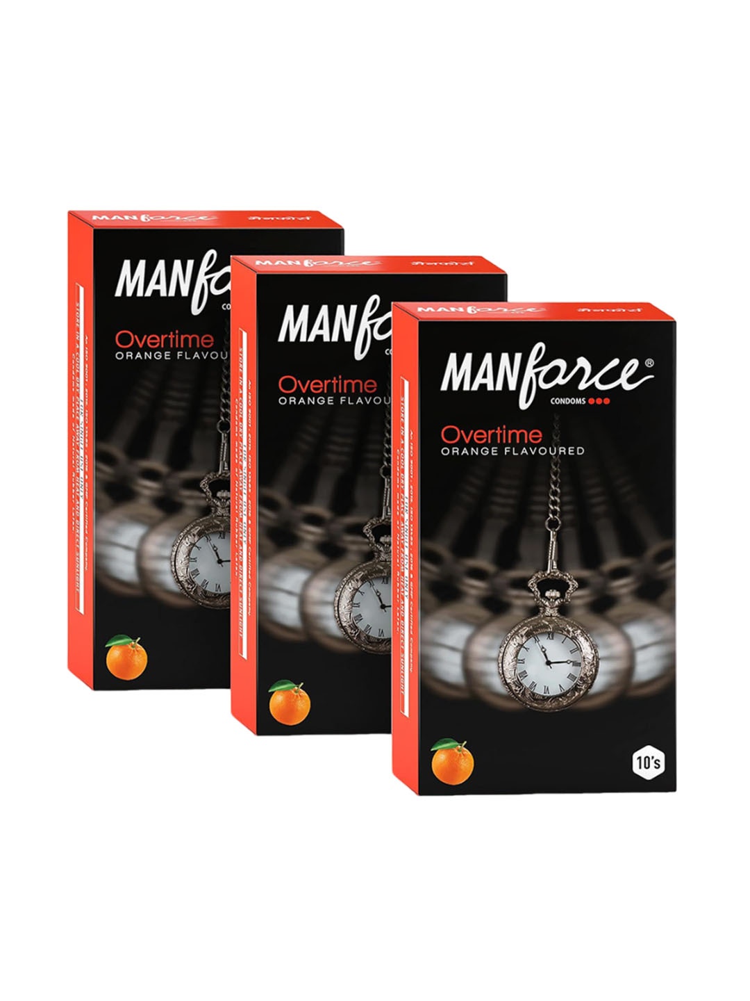 

Manforce Set Of 3 Overtime Orange Flavoured Ribbed Dotted Condoms - 10Pcs Each, Black