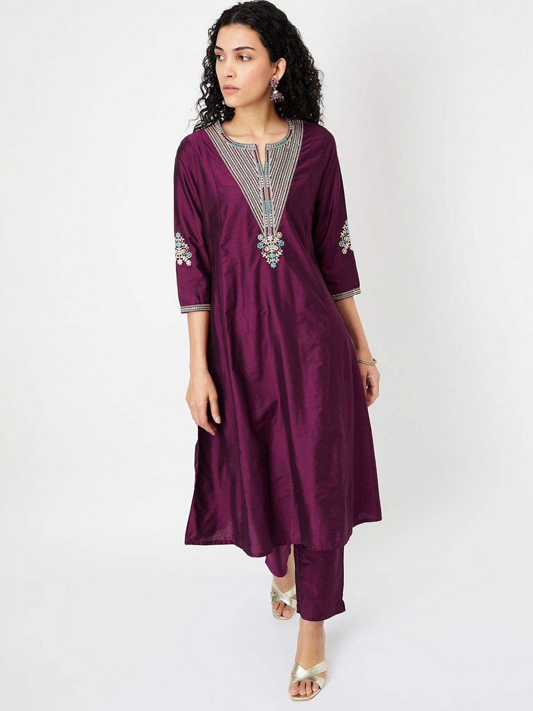 

max Ethnic Motifs Yoke Design Sequinned A-Line Kurta With Trouser, Purple