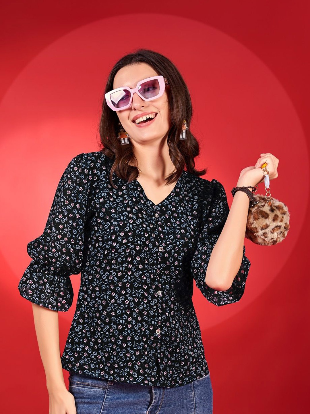 

Fashion2wear Women Floral Printed Puff Sleeve Peplum Top, Black