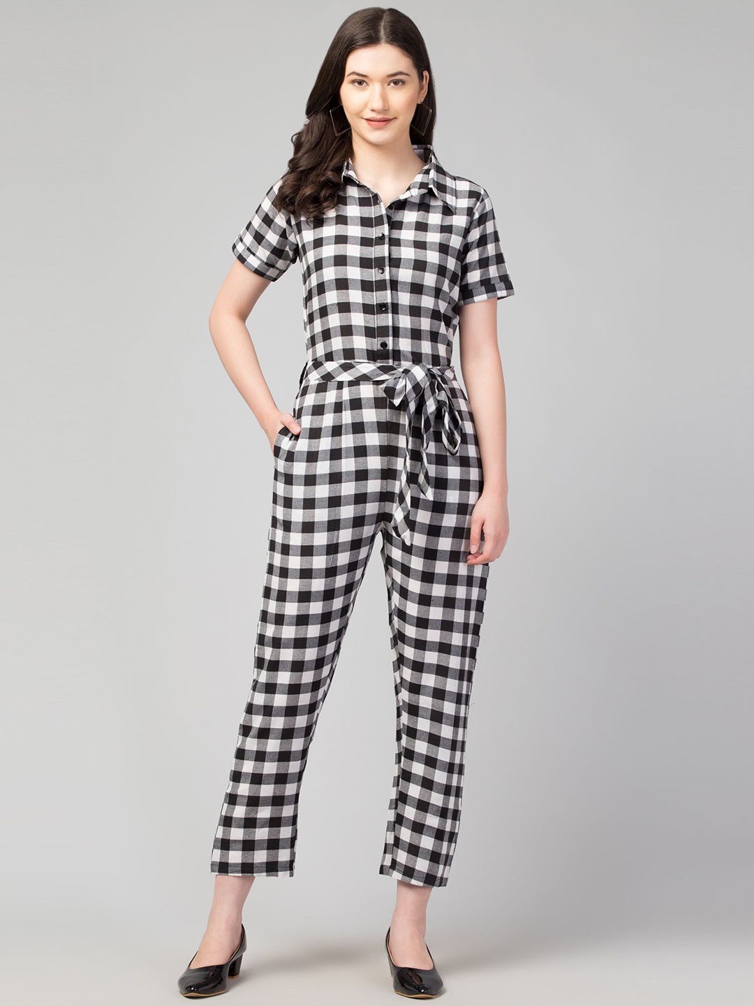 

Zuvino Women Short Sleeves Checked Basic Jumpsuit, Black