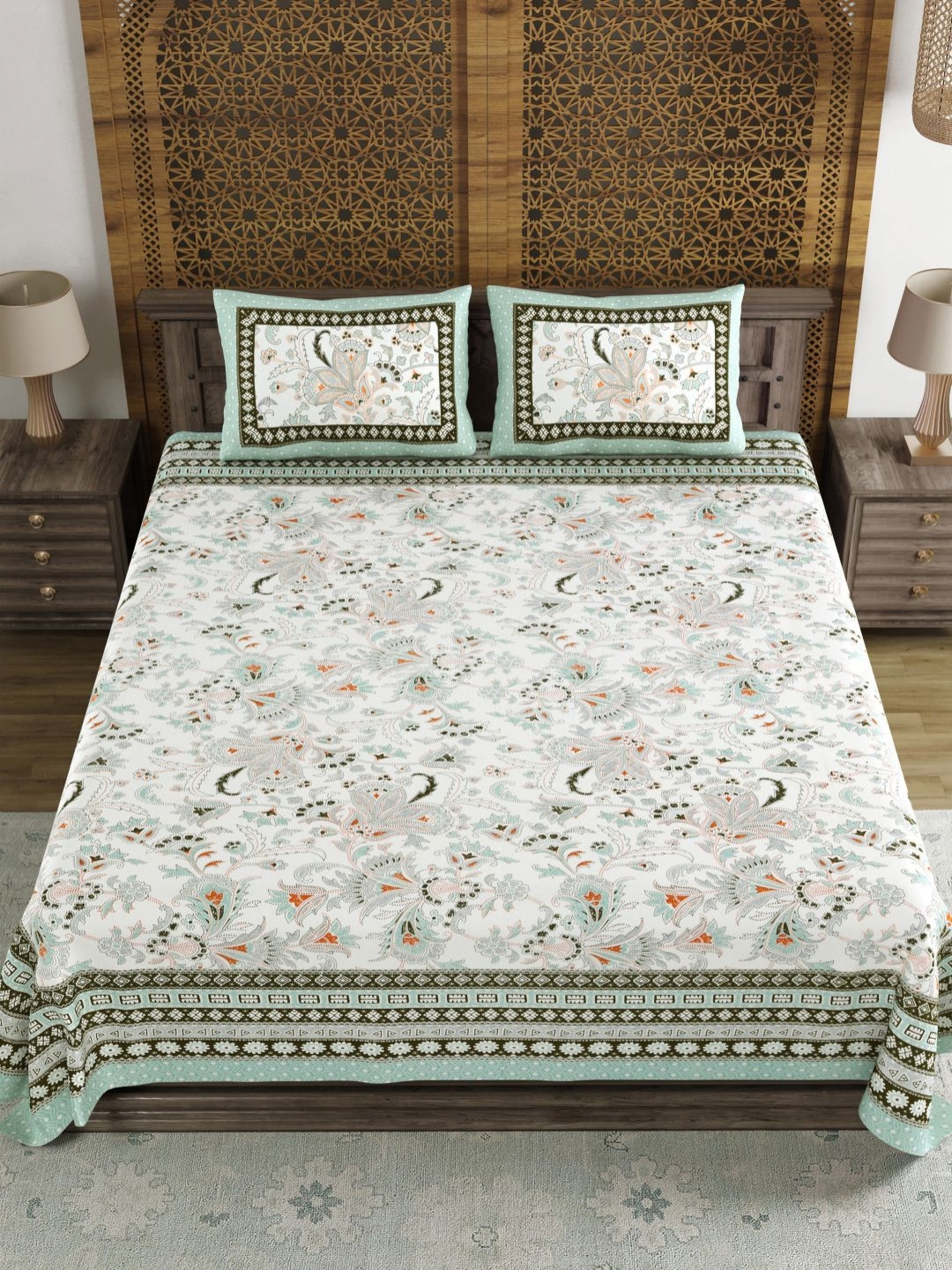 

BLOCKS OF INDIA Grey & White Ethnic Motifs 120 TC King Bedsheet Set 2.18 m x 2.64 m