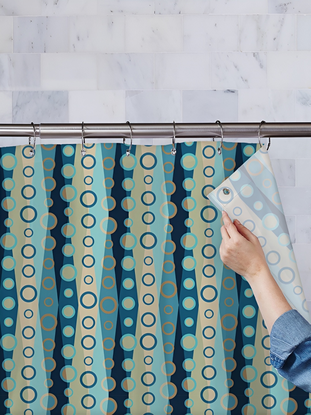 

ArtzFolio Beige & Green Printed Waterproof Shower Curtain