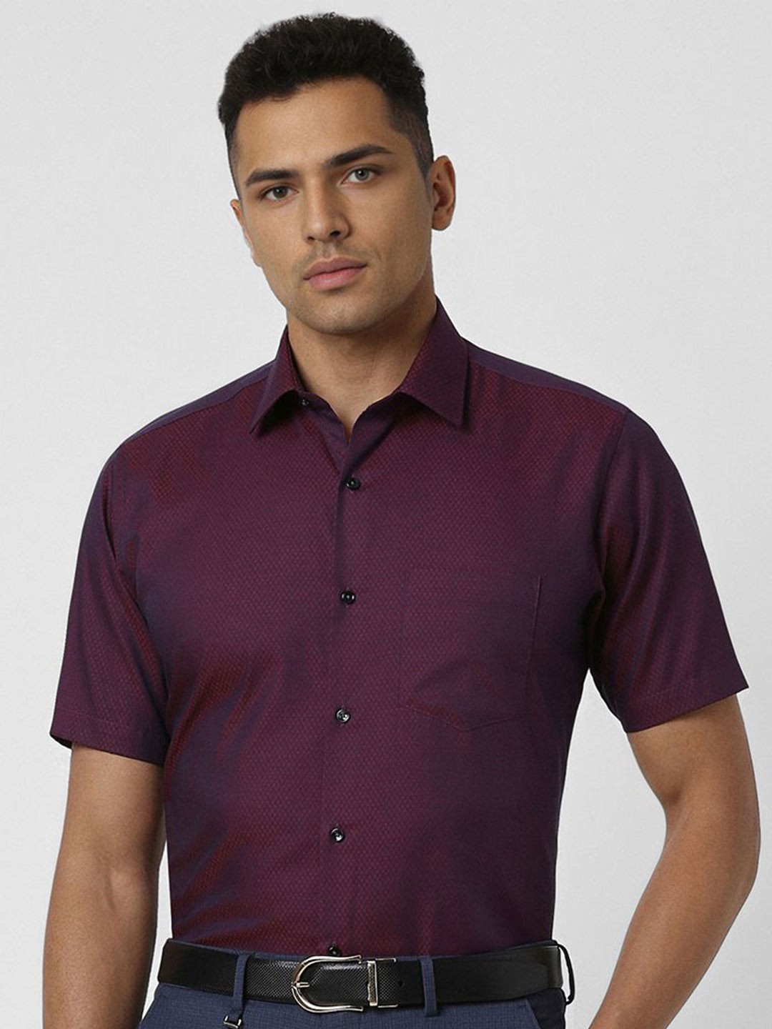 

Van Heusen Men Spread Collar Textured Cotton Formal Shirt, Purple