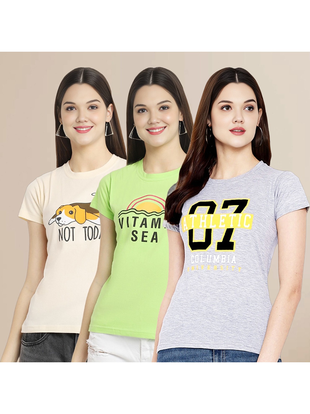 

Metronaut Women Pack Of 3 Typography Printed Round Neck Cotton T-shirts, Cream