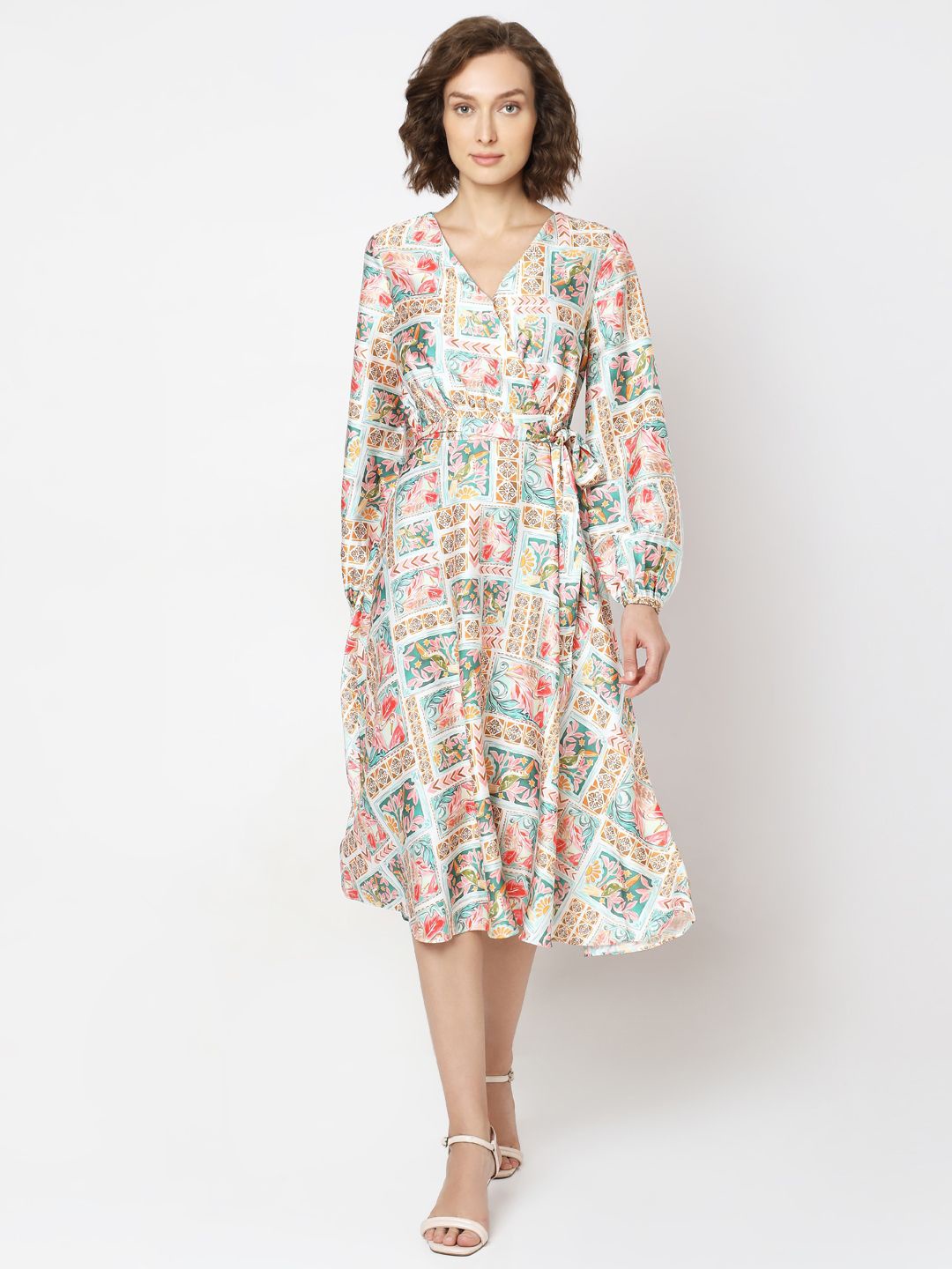 

Vero Moda Women V-Neck Puff Sleeve Fit & Flare Midi Dress With Belt, Beige
