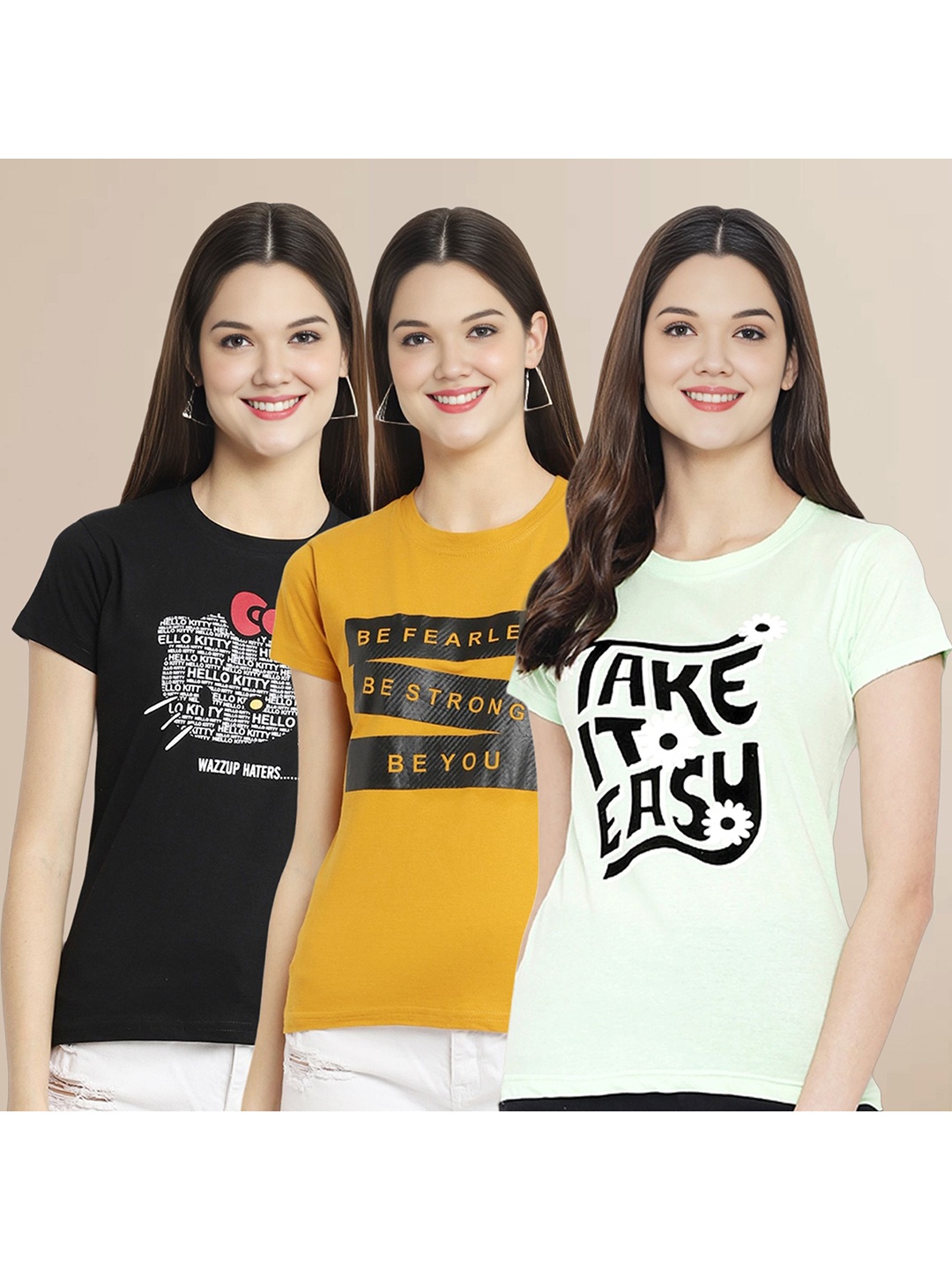 

Metronaut Women Pack Of 3 Typography Printed Round Neck Cotton T-shirts, Black