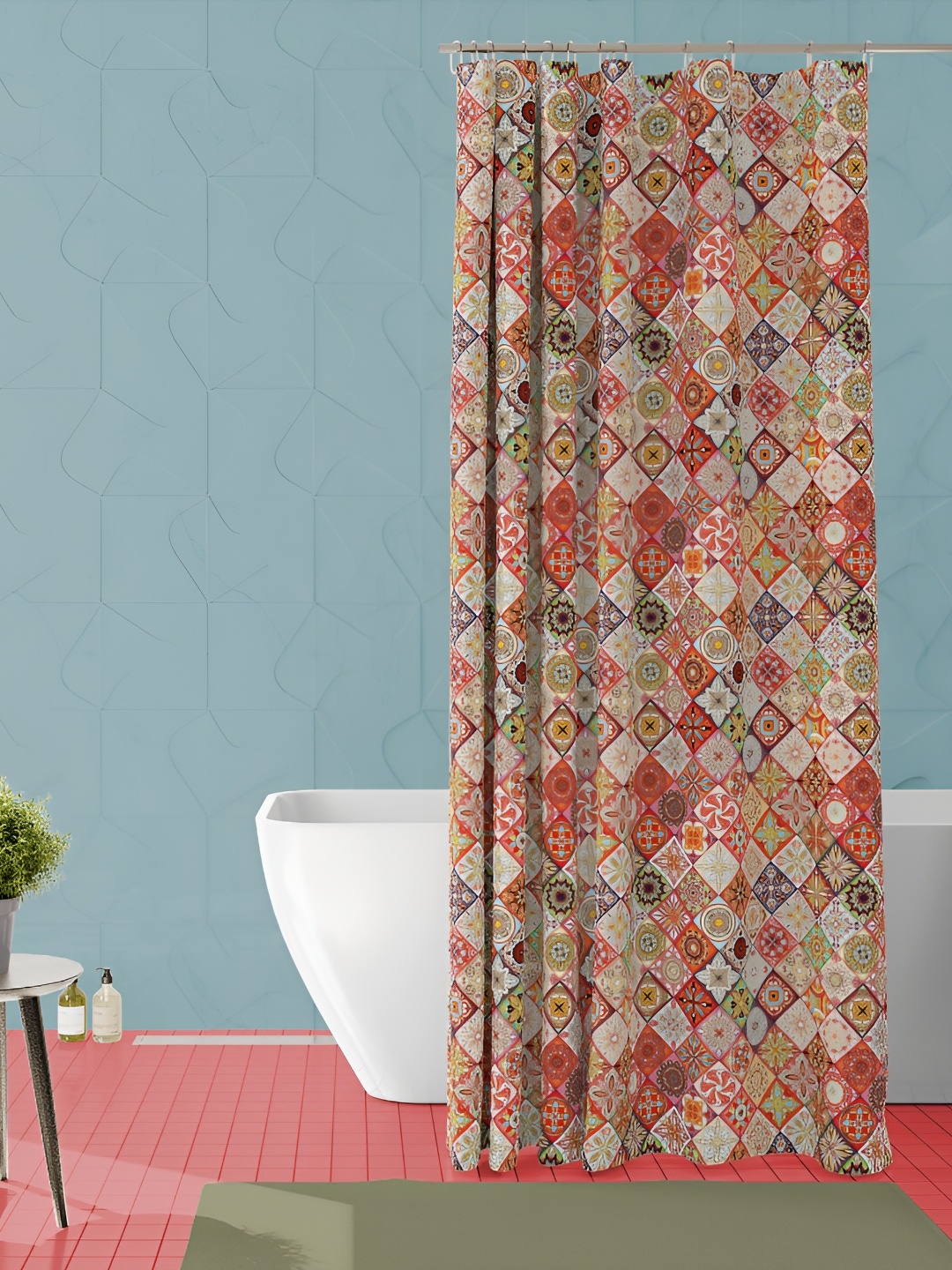 

ArtzFolio Beige & Red Geometric Printed Waterproof Shower Curtain