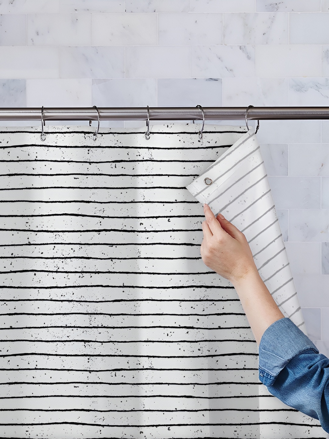 

ArtzFolio White & Black Striped Waterproof Shower Curtain