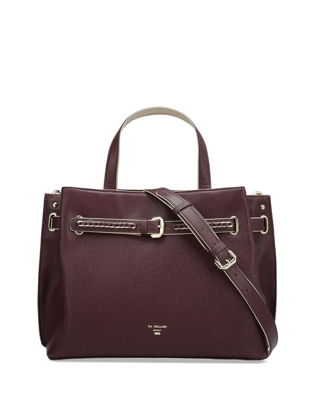 

Da Milano Textured Leather Structured Satchel with Cut Work, Burgundy