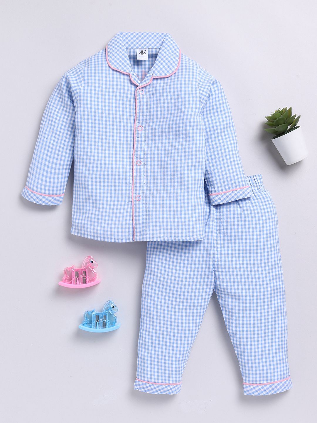 

Clt.s Kids - Unisex Checked Pure Cotton Shirt Collar Night suit, Blue