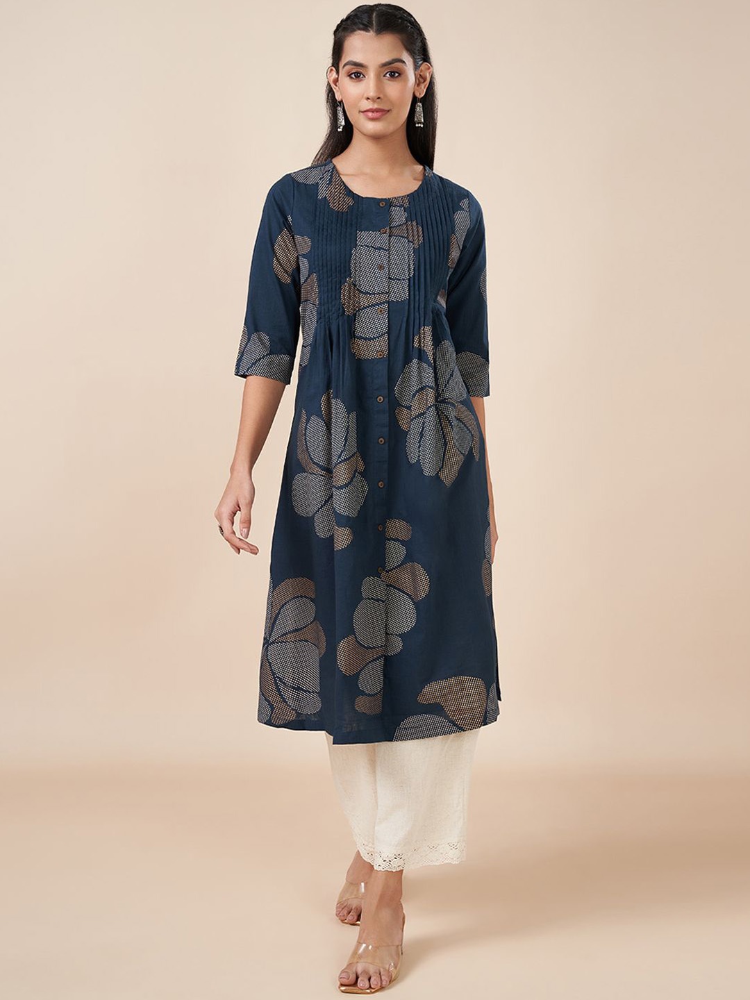 

RANGMANCH BY PANTALOONS Abstract Printed Round Neck Cotton A-Line Kurta, Blue