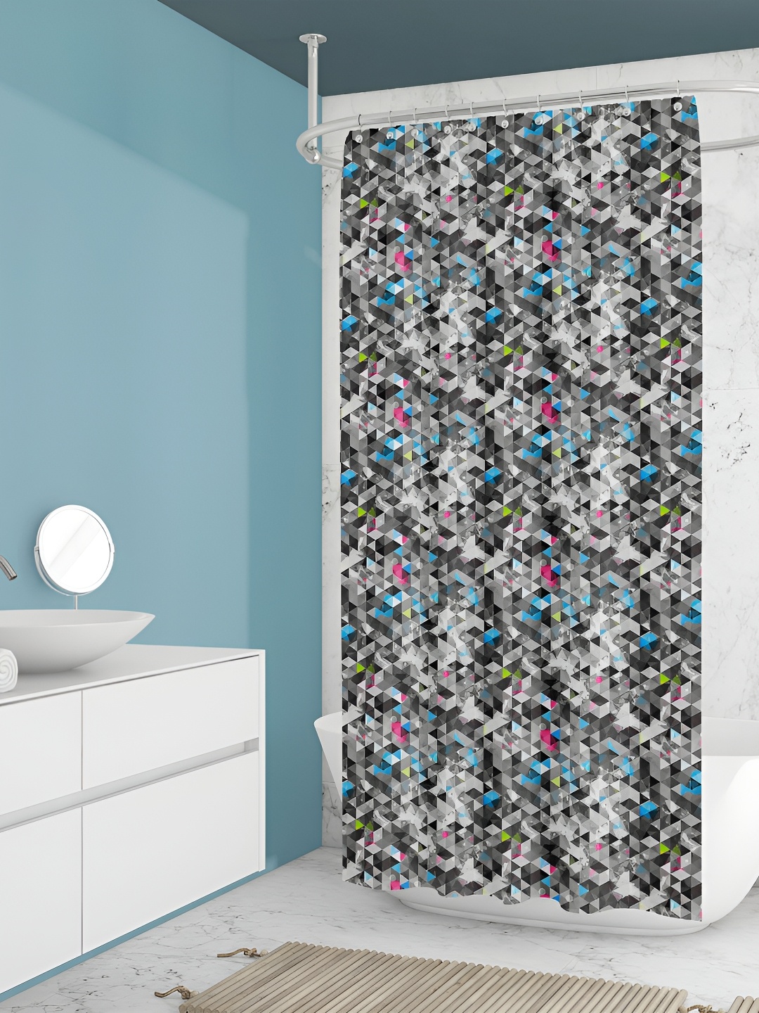 

ArtzFolio Grey & Blue Printed Waterproof Shower Curtain