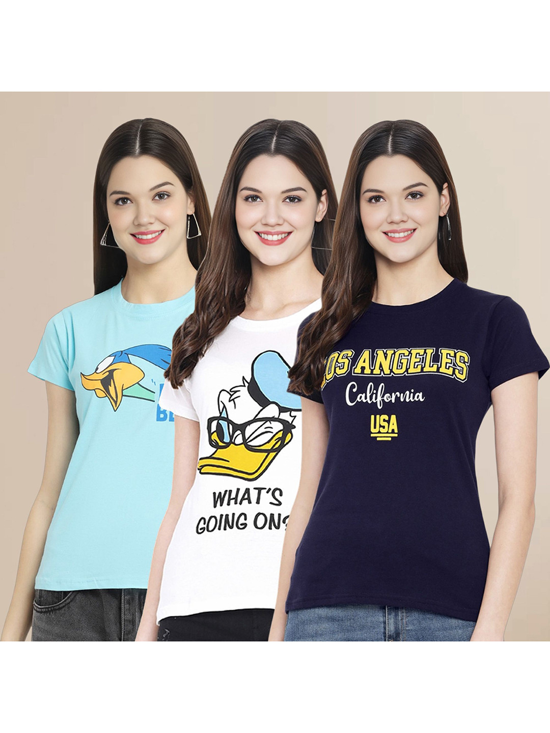 

Metronaut Women Pack Of 3 Graphic Printed Round Neck Cotton Donald Duck T-shirts, Blue