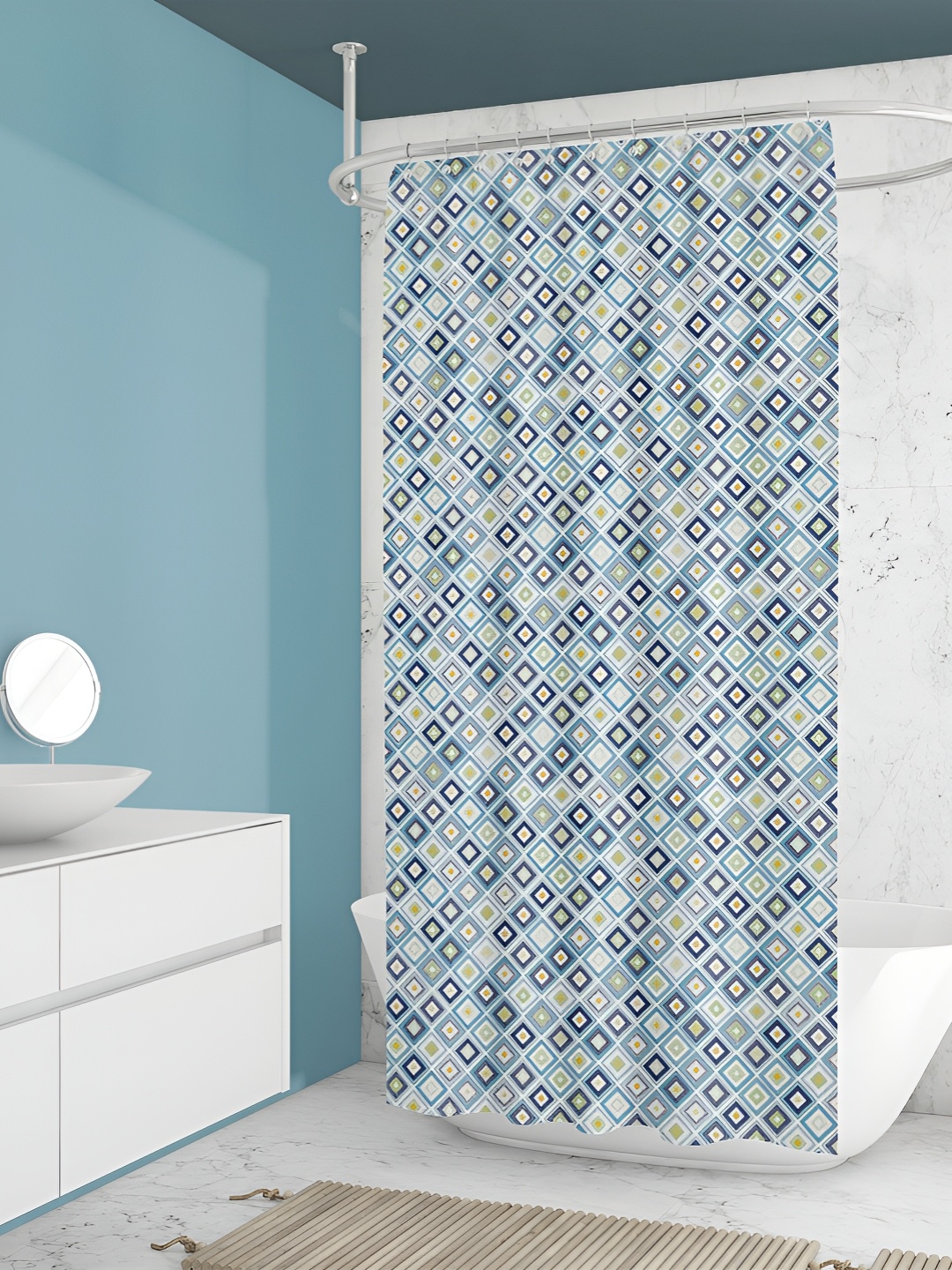 

ArtzFolio White & Blue Geometric Printed Waterproof Shower Curtain