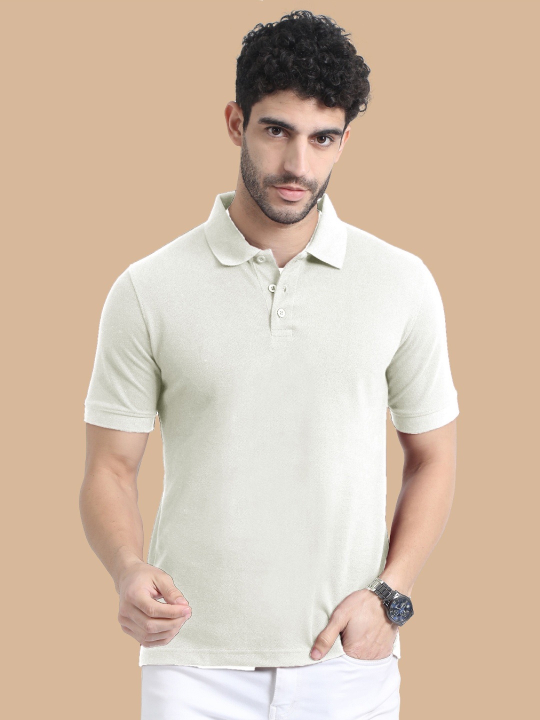 

MIRAAN Men Polo Collar Applique T-shirt, White