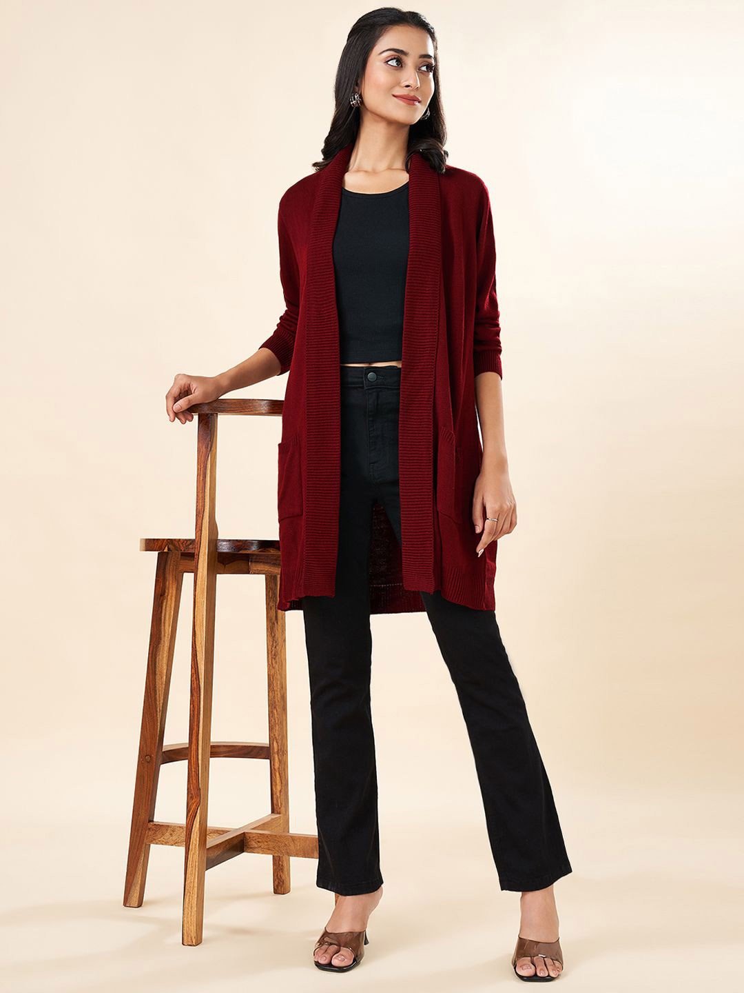 

RANGMANCH BY PANTALOONS Longline Acrylic Shrug, Maroon